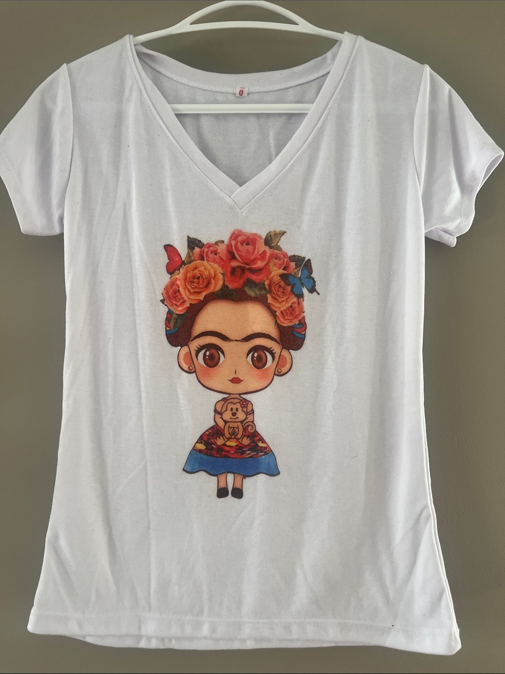 Women's White V‑Neck Graphic Tee with Floral Frida Print